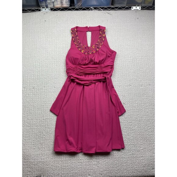 Pink Sleeveless Fit & Flare Cocktail Dress Embellished Scoop Neck Ruched Read - Picture 2 of 10